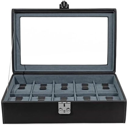 Friedrich|23, Uhrenkoffer, Für 10 Uhren, Vollrindleder, 30 x 17 x 8,5 cm, Mit Glasdeckel, Abschließbar, Infinity, Schwarz/anthrazit, 26127-9