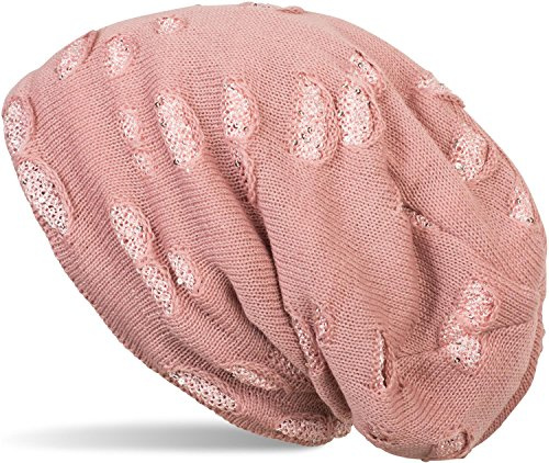 styleBREAKER Varm finstickad beanie mössa med destroyed paljetter utseende och mjukt fleecefoder slouch lång beanie, dam 04024127, gammalrosa, En Storlek