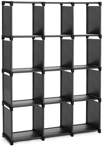 SONGMICS Étagère de Rangement à 12 Compartiments, Meuble de Rangement Ouvert, Bibliothèque, 30 x 105 x 140 cm, Organiseur pour Salon, Chambre, Salle de Bain, avec Marteau, Noir LSN12BK