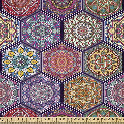 ABAKUHAUS Mandala Stoff als Meterware, Oriental Hexagon Motiv, Microfaser Multi Zweck Dekostoff für Kunsthandwerke, 3M (230x300cm),Lila Rot Gelb