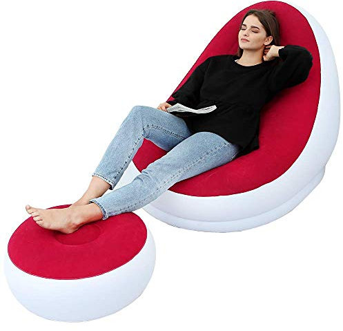 LONEEDY Aufblasbares Freizeit-Sofa/-Stuhl und Fußhocker, zusammenklappbar, für den Außenbereich, beflockt（ Rot）