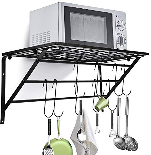 Ejoyous Saucepan Racks Wall Mounted, 2 in 1 Antirust Pan Racks for Kitchen Hanging Pot Cutter Spoon Slice Bathroom Shelf, Pot Rack Storage Organizer Utensils Hanging Shelf with 10 Hook Holders