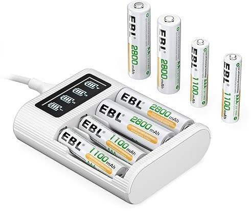 EBL LCD Chargeur de Piles Rechargeables- avec 4PCS AA 2800mAh et 4PCS AAA 1100mAh Piles Rechargeables 1.2V NI-MH, LCD Chargeur Intelligent