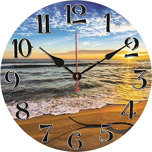 TAHEAT Strand Wellen Sonnenuntergang Wanduhr, Leise Nicht tickend Batteriebetrieben Uhren, Leicht zu lesen Dekorativ Wanduhren für Schlafzimmer/Küche/Wohnzimmer/Bad, 34 cm