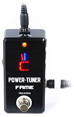 Fame Stimmgerät chromatisch für Gitarre und Bass, Power Tuner und Netzteil kombiniert, ideal für Pedalboard, Frequenz 12 Hz – 4186 Hz