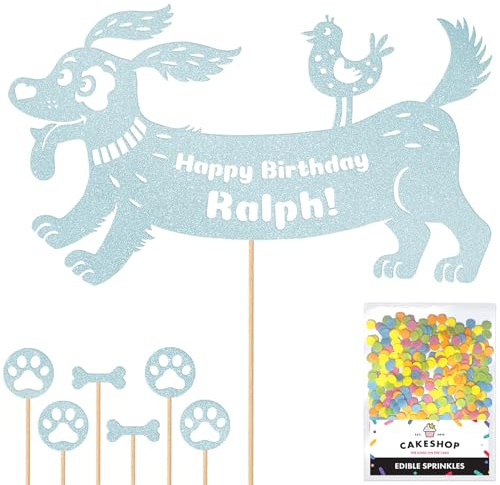 Personalised Birthday Dog Puppy Glitter Cake Topper- Light Blue Any Name & Age Glitter Cake Decoration and Sprinkles - Happy Birthday Decorations - Personalised Toppers for Cakes by Cakeshop