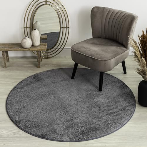 Carpet Studio Maine Runder Teppich Anthrazit, 130cm, für Wohnzimmer und Schlafzimmer, Kurzflor