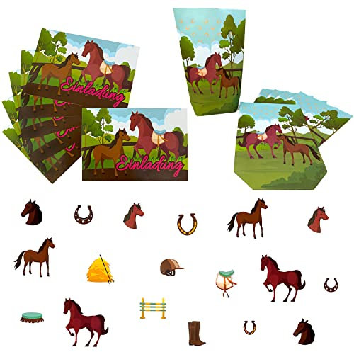 Oblique Unique® Pferde Deko Set - 6 Papiertüten + 6 Einladungskarten + Konfetti Set 18 Stk. für Kinder Geburtstag Schuleinführung Motto Party uvm.