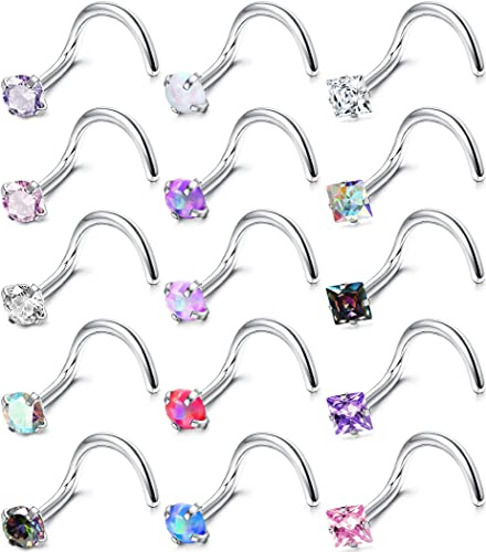 Milacolato 18G Piercing Naso Anello Acciaio Inossidabile Naso Stud a Forma di L Vite a Forma di I Anello al Naso Dritto Anallergico CZ Labret Piercing al Naso Gioielli per Donna Uomo 15Pcs S
