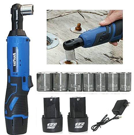 Rigogo Cordless Ratchet Wrench, 2 x 12V 1.5Ah Batteries, Fast Charger, Power Tool Wrench 3/8 Sq Drive,Cordless Ratchet 90° Right Angle Wrench with 7 Sockets