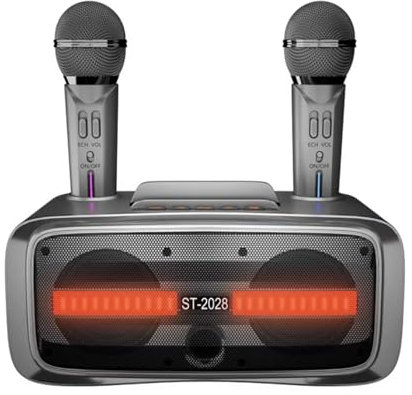 AFAITH Karaoke con Microfono Professionale Completo, Bluetooth Cassa Karaoke Portatile con 2 microfoni Wireless per TV Bambini Adulti, 20 Watt con luce LED, Sensibilità del Microfono ed eco Regolabili
