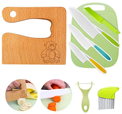 Goodchef Kindermesser Set 8-teiligs, Sicherheitsmesser für Kinder ab 2 Jahren, Montessori Küchenset mit Schneidemesser, Kinder Küchenutensilien für Lernen & Spielen(Orang-Utan)