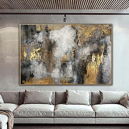HYFBH Großes abstraktes Ölgemälde mit Goldrahmen auf Leinwand, Blattgold-Kunstwerk, Wandkunst, Luxusgemälde, Originaldruck, Heimdekoration, 90 x 120 cm/35 x 47 Zoll, mit Rahmen