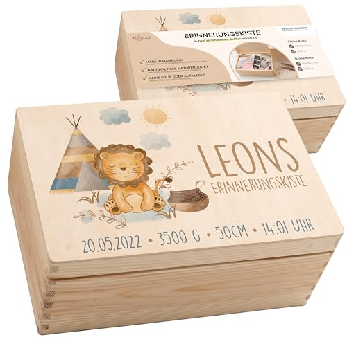 KIDSMOOD - Erinnerungsbox Baby, personalisierte Holzkiste mit Deckel, Ideal zur Aufbewahrung von Erinnerungen und als Geschenk zur Geburt, Taufe oder als Geburtstagsgeschenk für Mädchen und Jungen