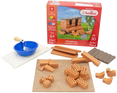 Teifoc Hühnerstall mit Hühnern und Hahn aus Ton, Steinbaukasten 1023 | für Anfänger, Steinhaus Bausatz Kinder, Bastelset, Montessori Spielzeug, Krreativspielzeug 5 6 7 Jahre, Hausbauset klein