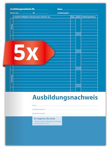 Primus Print Ausbildungsnachweisheft – A4 Berichtsheft für Auszubildende, 56 Seiten, Wöchentliche Eintragung, mit Hochwertigem Umschlag – Ideal für die Berufsausbildung - 5 Stück