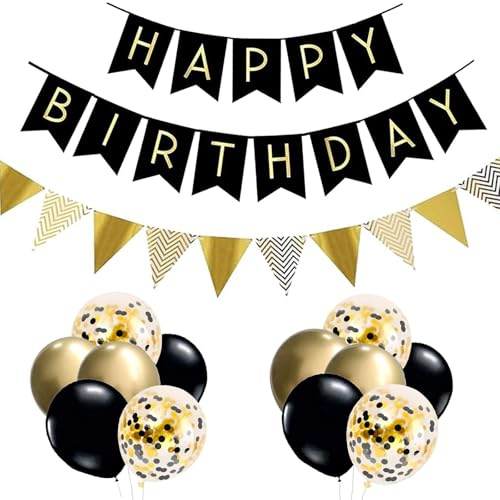 Luftballons Geburtstag Dekoration Set, Schwarz Gold Geburtstagsdeko Happy Birthday deko Banner Party Deko Geburtstag Set mit Schwarz Gold Luftballons Konfetti Ballons Dreiecksflaggen Girlanden（G+SJQ)