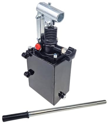 Flowfit Handpumpe, einwirkend, 25 cc, für einfachwirkenden Zylinder, mit Überdruckventil, montiert mit einem Tank, 600 mm Handhebel im Lieferumfang enthalten. (2-Liter-Tank)