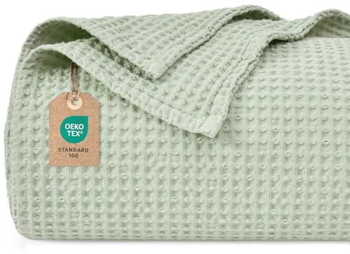PHF 100% Baumwolle waffledecke Kuschedecke 150x200cm, leicht & atmungsaktiv, perfekt für das ganze Jahr - Oeko-TEX® Zertifiziert - Hotelwäschequalität - Ideal für Sofa Couch Bett, Grasgrün