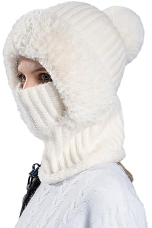 Schalmütze Damen,Winter Damen Strickmütze mit Ohrenschutz Warm Skimütze mit Schal Winter Sturmhaube Baseball Mütze Wintermütze mit Bommel Wintermütze mit Plüschfutter Outdoor Radfahren Skifahren