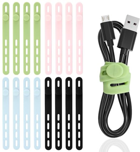 TamBee Silicone Cable Ties Reusable Cable Straps 16pcs Cable Wire Ties Cable Cord Organizers for Earphone Phone Charger Audio Cable Computer (16Pcs, 4 Colors)