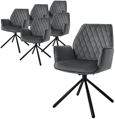 ML-Design matsalsstolar uppsättning av 6 sammet antracit, vardagsrumsstol med armstöd och ryggstöd, snurrstol bilposition, stoppad stol med metallben, ergonomisk snurrfåtölj, köksstol lounge stol
