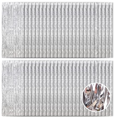 Ohiyoo 50 Stück Silber Lametta Vorhänge 1 x 2.5M Tinsel Curtain Folien Fransen Metallic Lametta Vorhange Silber für Geburtstag Partydekor Verlobung Hochzeit Weihnachten Neujahr Dekoration (Silber)
