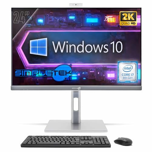 SIMPLETEK - PC Tout-en-Un 24 2K 75 Hz Core i7 8e génération 4 GHz | Windows 10 Pro, 8 Go de RAM et 240 Go de SSD | Ordinateur Tout-en-Un, Support VESA, Webcam intégrée, Support réglable