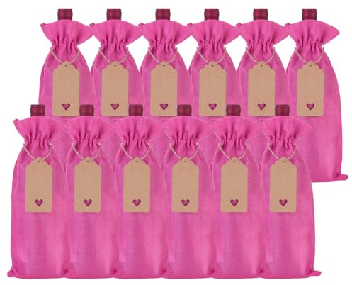 sourcing map Jute-Weinbeutel, wiederverwendbare Wein-Geschenkbeutel mit Kordelzug, Anhänger und Seilen für Hochzeiten, Geburtstage, Weihnachten, Partys, Aufbewahrung zu Hause, rosarot