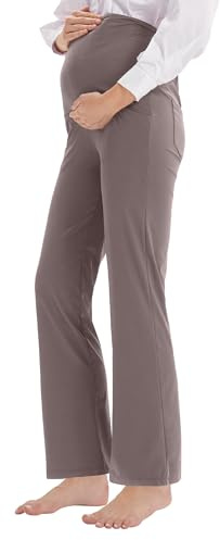LaiEr Comodi pantaloni premaman a gamba larga, pantaloni yoga rilassanti con pannello addominale extra, marrone, M