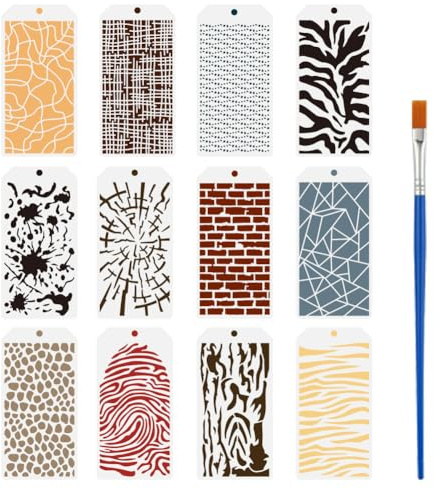 FINGERINSPIRE 12 Stück Struktur Zeichenschablone Mit Einem Pinsel 12x24cm Malvorlage Für Gemischte Medien Camouflage Risse Ziegel Leopardenmuster Holzmaserung Fingerabdruck Geometrie Schablone