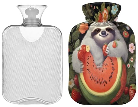 SKYSHU Faultier-Wärmflasche, transparent, auslaufsicher, waschbar, hitzebeständig, Wasserflasche mit weichem Plüschbezug, für Menstruationskrämpfe, Nacken- und Schulterschmerzen, 2 l