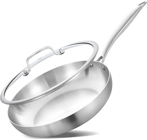 Inqibee Poêle à frire en acier inoxydable triple épaisseur de 20,3 cm avec couvercle, poêle à omelette, poêle à œufs, poêle à induction, passe au lave-vaisselle et au four.