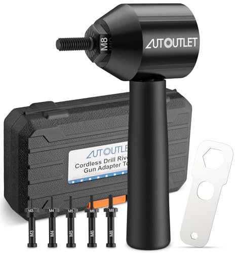 AUTOUTLET Adaptador de Remachadora para Taladro, 5 Mandriles Reemplazables M3-M8, Compatible con Tuercas de Aluminio y Acero (Negro)