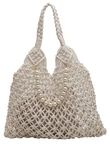 Stroh Umhängetasche Damen Gross Geflochtene Strandtasche Sommer Stroh Schultertasche mit Perle Korbtaschen Damen Handtasche Strohtaschen Mori abteilung Strohsack Handgewebt Geflocht (Beige)