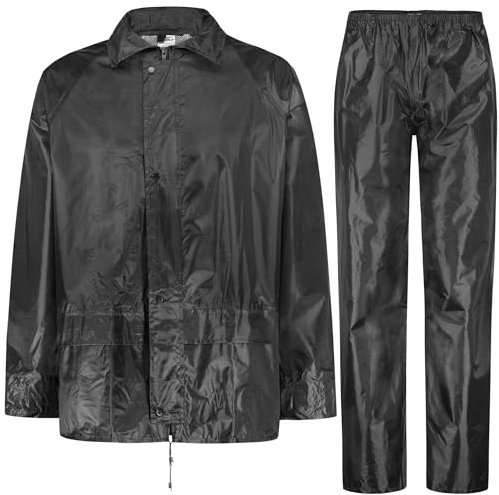 BWOLF Combinaison pluie Homme Manches Longs Imperméable Taille Élastique Veste Capuche Vêtement De Pluie Pantalon De Pluie 2 Poches Noir L