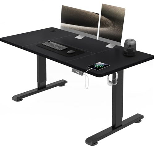 Airfish Höhenverstellbarer Schreibtisch mit USB-Buchse, Elektrisch Schreibtisch mit Kabelwanne, Computertisch, Bürotisch, Stehpult mit Erinnerung an sitzende Tätigkeiten, 120 x 70 cm, Schwarz