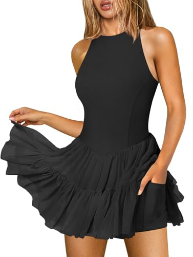 Hragc Women's Flowy Pleated Ruffle Tennis Athletic Black Dress for Women Summer Boat Neck Sleeveless Mini Golf Dress with Shorts Pockets Underneath Medium