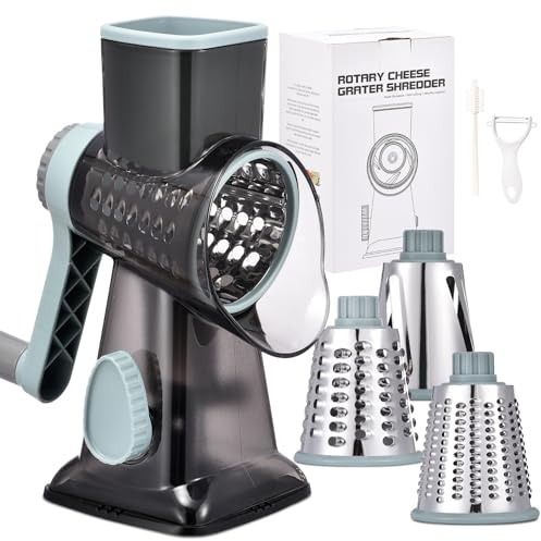 Rotary Cheese Grater with Handle Kitchen Shredder Slicer Grater Slicer Ice Shaver Cheese Vegetable Nuts Potato Zucchini Chocolate 3 Interchangeable Blades (GreyBlue