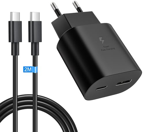 USB C Ladegerät 25W 2 Port Schnellladegerät USB A & USB C mit 2m Ladekabel | für Samsung Galaxy S26 S25 S24 S23 S22 S21 S20 S10 A57 A56 A55 A54 A53 A37 A36 A35 A17 A16 A15 A05s Netzteil Handy Stecker