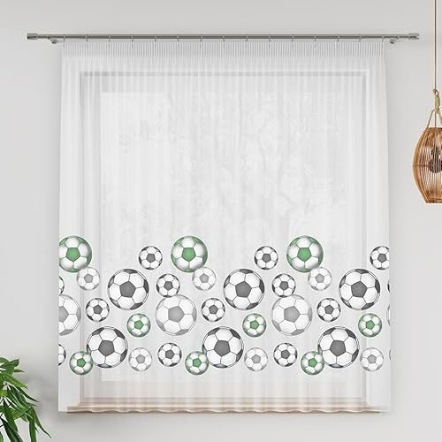 Gardinen Vorhangen Weiß/Grün Voile 400x155 cm (BxH) Wembley Kinder Gardine Mit Bunten Fußbällen Fröhliches Design