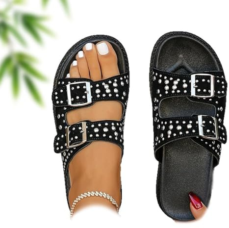 AMOUSDRDR Damen Vielseitige Nieten Zweireihige Plateau-Hausschuhe Frauen Chunky Plateau Hausschuhe mit Nieten Sommer Bequeme Offene Zehen Verstellbare Slip on Strand Sandalen