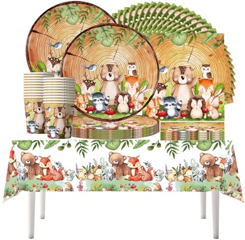 61 piezas de vajilla de fiesta de animales del bosque de grano de madera, vajilla de cumpleaños de los niños de animales lindos, decoraciones de fiesta,
