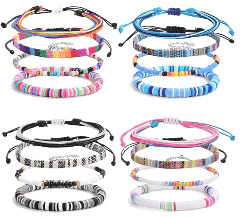 Hernin 16StK Surfer Armband Set Damen Herren Armbander Bunt Boho Armband Surferarmbander für Frauen und Herren Stoff Handmade Armbänder Freundschaftsarmband Geflochten (Bunt-B)