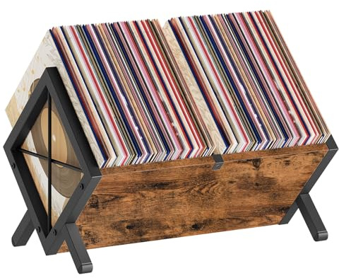 YATINEY Vinyl Record Holder, Record Storage Rack Holds 80-100 LP，Wooden and Metal Record Organizer, Quick Assembly Magazine Holder for CDs, Magazine, Albums, Rustic Brown and Black CJ06BR
