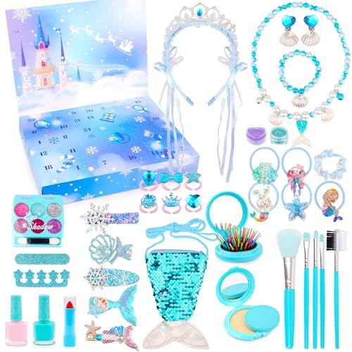 Yamepuia Meerjungfrau Adventskalender Mädchen 2025,24 Tage Weihnachts Countdown Kalender mit Kamm, Haarschmuck,Haarspangen In Blau,Tägliche Überraschungen Geschenke für Kinder Mädchen