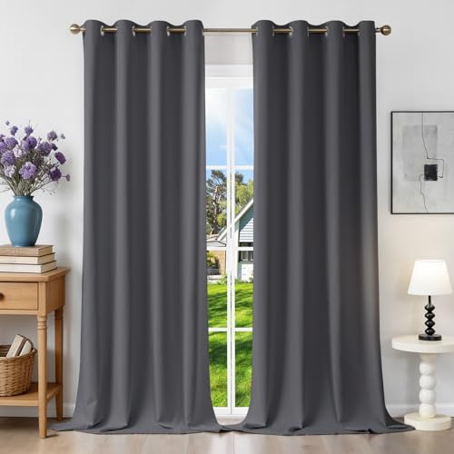 Runyéla Verdunklungsvorhänge mit Ösen Gardinen 2er Set, Thermovorhang Hitzeschutz H 245 x B 140, Vorhänge Blickdicht Dunkelgrau, Ösenvorhang für Schlafzimmer Wohnzimmer Blackout Curtain