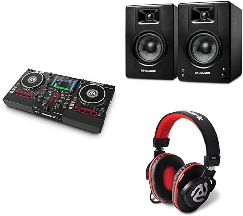 Numark Mixstream Pro+ DJ Controller and M-AUDIO BX4 Pair Studio Monitors with Headphones for Studio Recording, Music Production, Podcasting, Streaming