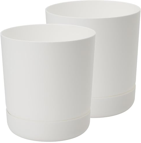 Home Garden Ornaments – Plant Pots Indoor, Set of 2 Plastic Outdoor Planters with Drainage & Saucer, Classy Flower Pots (15cm / 5.9 inch, White)