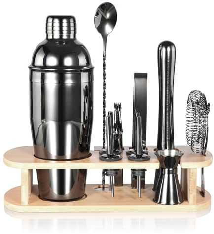 Esmula Cocktail-Set mit Bambus-Ständer, 750 ml, 12-teiliges Cocktail-Shaker-Set für Mixgetränke, professionelles Edelstahl-Barkeeper-Barwerkzeug-Set, Cocktail-Rezepte (grau)